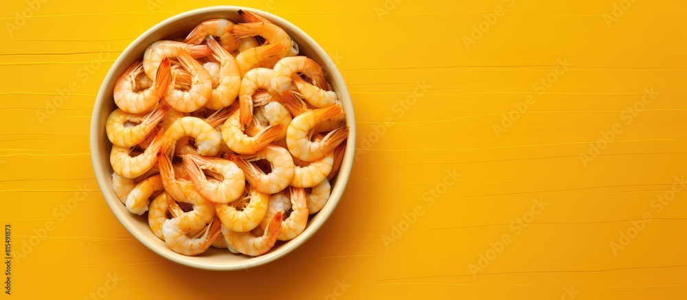 Poster a top down copy space image of shrimps in their shells arranged in a bowl on a yellow table