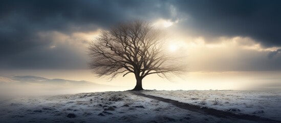 A solitary tree at a winter landscape with sun rays peering through the branches resembling a solemn funeral scene that evokes feelings of sympathy and condolences. Creative banner. Copyspace image