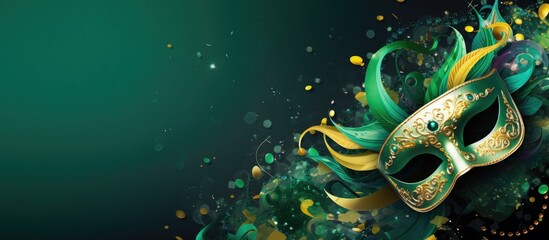 A vibrant carnival themed design with confetti a masquerade mask and serpentine on a green backdrop Perfect for carnival birthday Mardi Gras or party invitations with copy space image