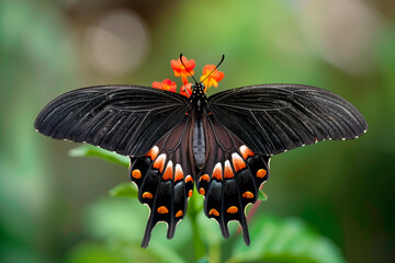 Beautiful Scarlet Mormon butterfly rests among the foliage of a garden