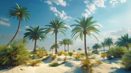 Fototapeta premium A vast tropical desert. light blue sky. clear day. green palm trees scattered. Generative AI.