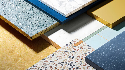 creative composition of interior material samples contains panels and tiles stylish interior moodboard including terrazzo quartz stone tiles blue laminated wooden flooring tiles gold s : Generative AI