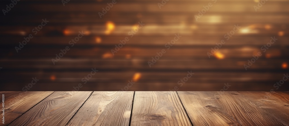 Poster A vintage style wooden table top is placed on a wooden plank background with empty space available for text or images. Creative banner. Copyspace image
