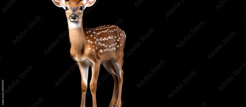 Wall mural A fawn of a white tailed deer standing and gazing ahead with a blank background for the image. Creative banner. Copyspace image