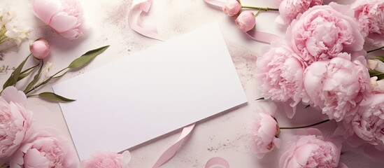 An elegant mockup of blank wedding cards featuring beautifully arranged peony flowers on a designer office desk flatlay perfect for holiday designs Ample copy space image available 175 characters