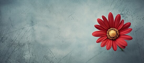 A square copy space image featuring a textured and stylish old paper background with a prominent dark red marguerite daisy