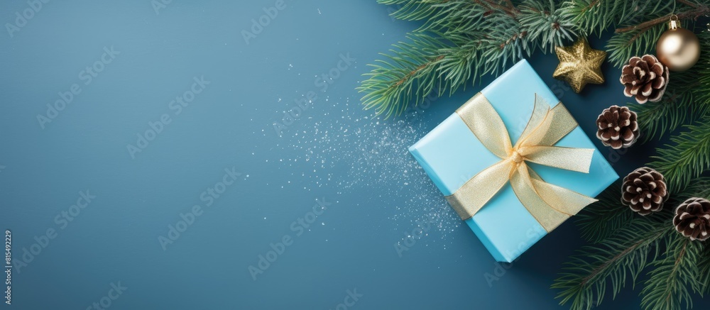 Poster top view flat lay of christmas gift boxes and a fir tree on a blue background providing copy space f