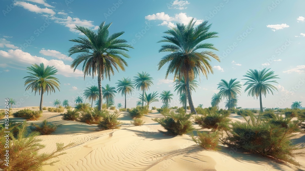 Poster a vast tropical desert. light blue sky. clear day. green palm trees scattered. generative ai.