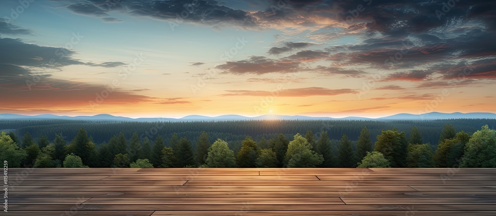 Poster evening view of a wood floor blending with the forest under a sky full of visual copy space