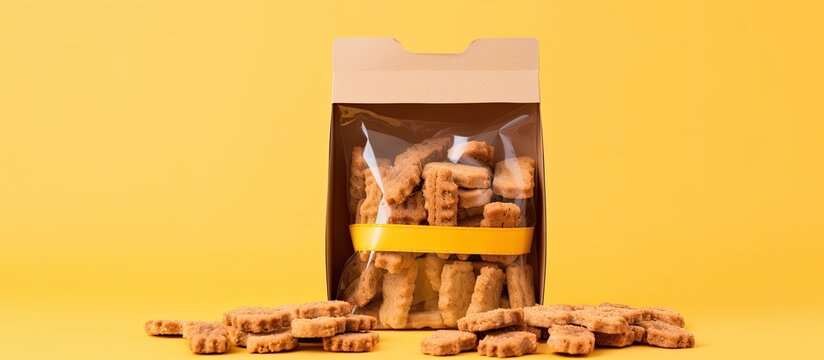 Front view of an eco friendly packaged dog treats made of dried meat neatly presented in a cardboard box with a transparent cover and tied with twine The yellow background provides an ideal copy spac
