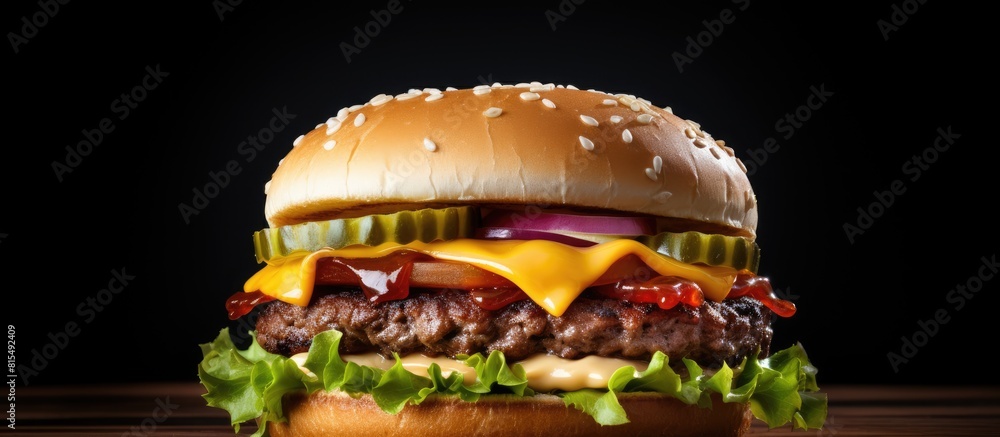 Poster Close up of a mouthwatering beef cheeseburger topped with melted cheese isolated on a white background creating a perfect copy space image