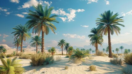 A vast tropical desert. light blue sky. clear day. green palm trees scattered. Generative AI.