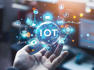 Fototapeta premium A hand holding a ball with the word IoT on it