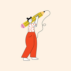 Young woman holding big pencil. Girl with a large Pencil. Cute funny isolated character. Cartoon style. Drawing, writing, creating, design, concept. Colorful vector illustration.