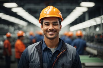 Male factory worker wearing hat and safety suit on production line background
