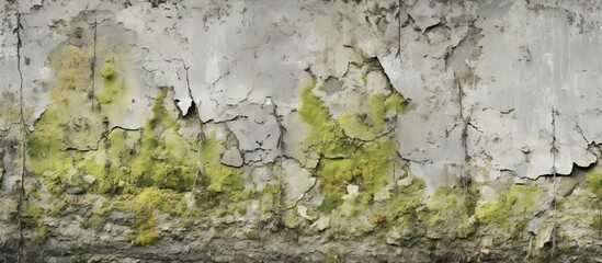 An ancient wall with moss and cracks creating a textured background Close up shot of the cracked and weathered cement resembling peeling wall or road material Copy space image