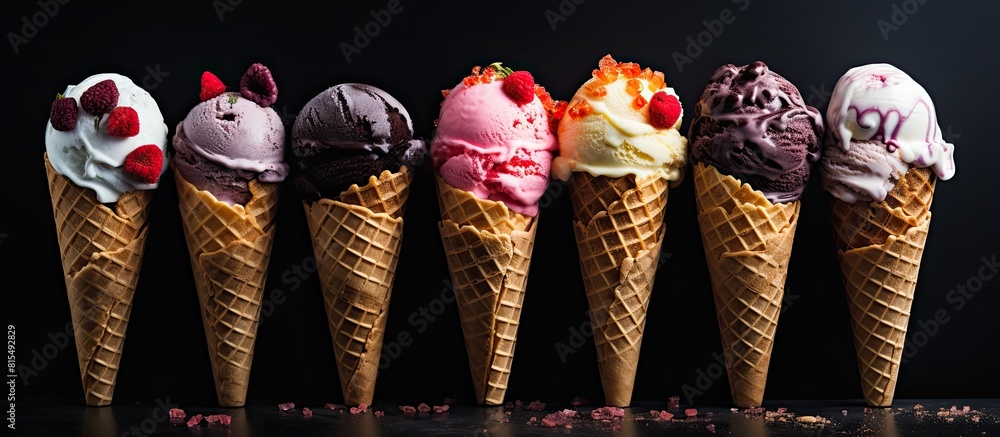 Poster a variety of ice cream cones arranged on a dark stone background perfect for creating a sweet menu d