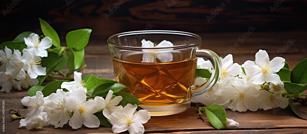Poster A copy space image of jasmine tea adorned with fragrant jasmine flowers set against a rustic wooden background