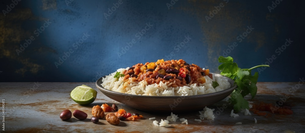 Poster a delectable dish of rice and beans arranged on a stylish grey marble table ready to be savored ampl