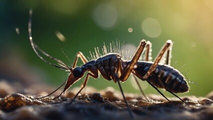 Close-up images of various insects such as mosquitoes on the ground or water surface.