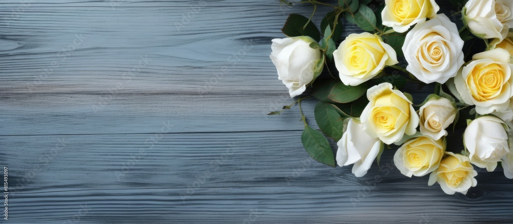 Fototapete a white and yellow rose arrangement is beautifully displayed on a rustic blue wooden background crea
