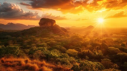 During the golden light of sunset the magnificent Sigiriya Rock often referred to as Lion Rock dominates the picturesque landscape of Sri Lanka