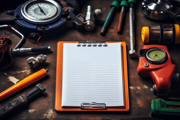 Notepad and tools on rusty metal background. Toned image.