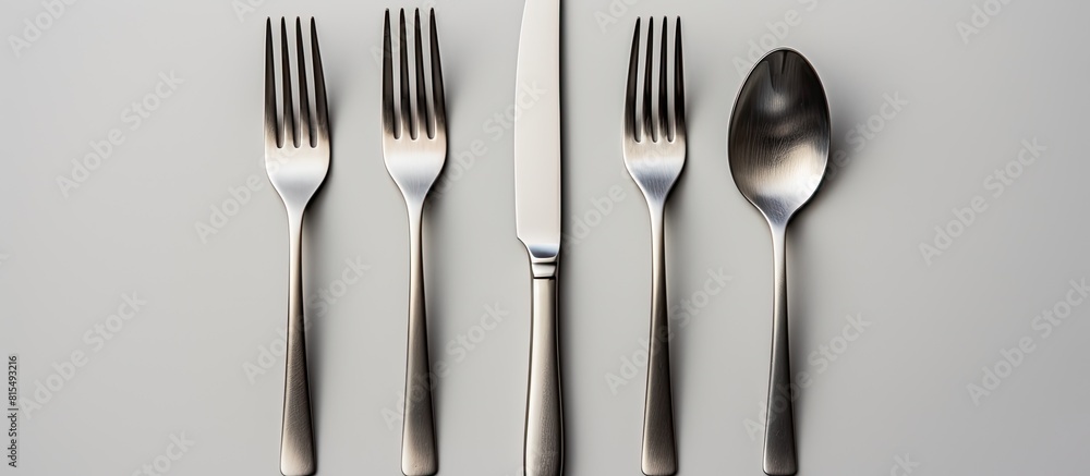 Poster A silver fork spoon and knife are seen on a white background arranged in a flat lay with a top down view There is empty space available for adding text or other images. Creative banner