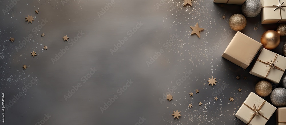 Poster craft paper boxes top view on a christmas background with a right sided copy space image