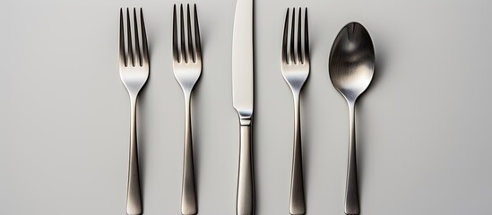 A silver fork spoon and knife are seen on a white background arranged in a flat lay with a top down view There is empty space available for adding text or other images. Creative banner