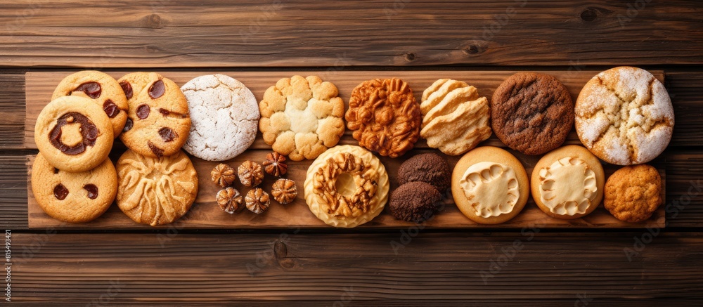 Poster A creative arrangement of freshly baked homemade cookies on a wooden table The arrangement is captured from above showcasing a top view The image is a flat lay emphasizing the food and macro concepts