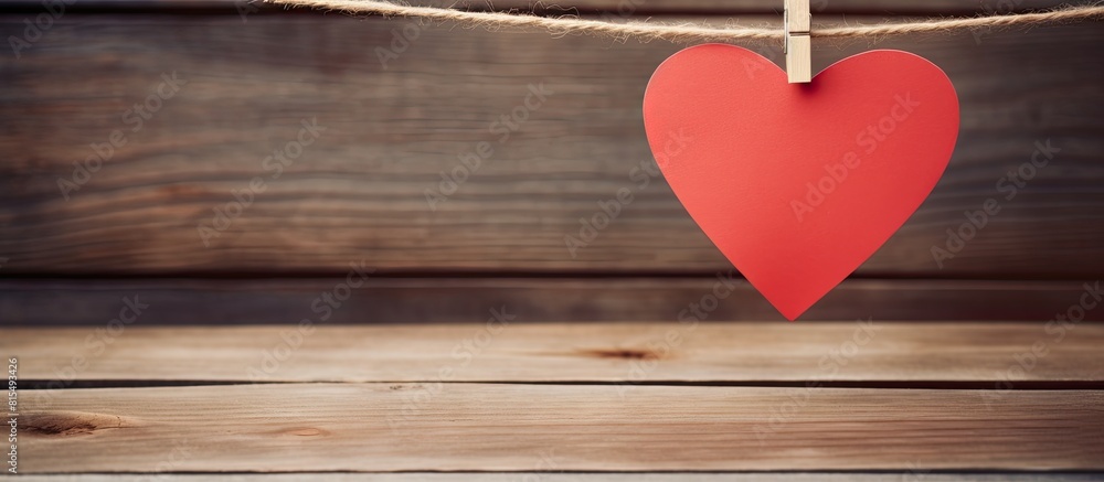 Poster copy space image of a paper heart suspended from a clothesline against a rustic wooden backdrop