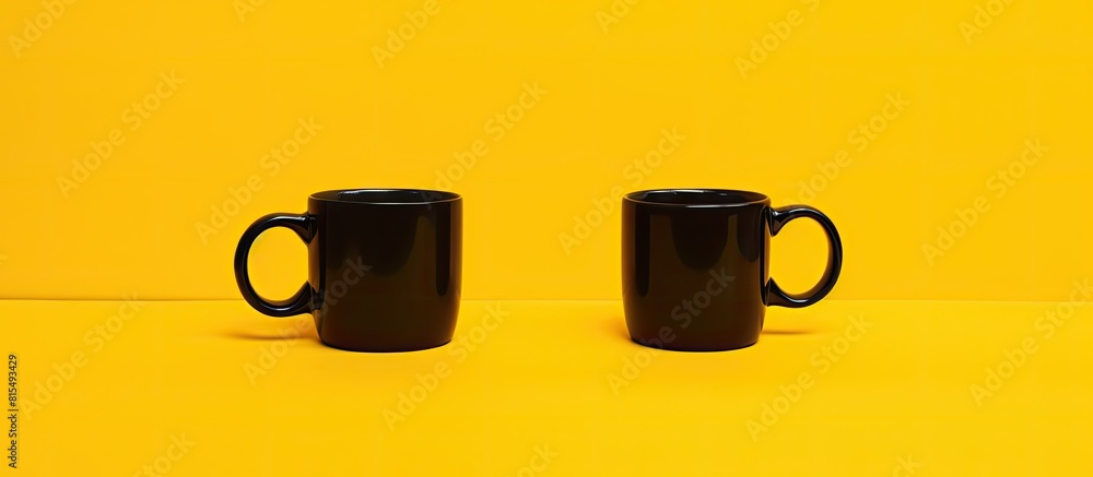 Aufkleber On a bright yellow background there are black cups displayed with ample copy space for inserting an image