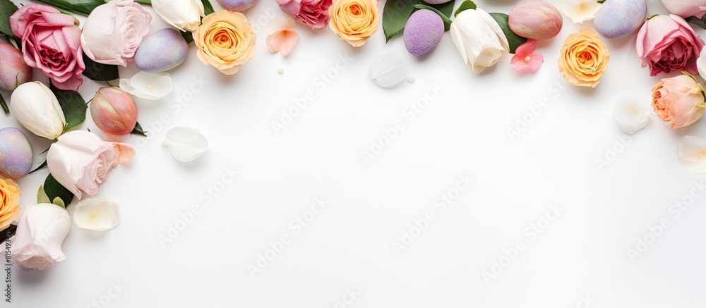 Poster a beautiful easter themed frame consisting of colorful easter eggs and white roses on a white backgr