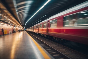 Fast moving modern train in motion blur at station