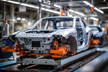 Fototapeta premium Automotive assembly line. Assembly line of automobile factory. Modern automotive industry