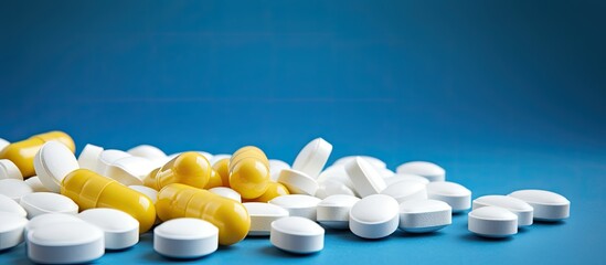 A variety of white and yellow pills in different shapes and sizes are arranged on a blue background forming a vibrant medical backdrop The copy space image showcases the pharmacological aspect of hea