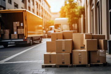 Truck with boxes at the warehouse. Logistics and transportation concept.