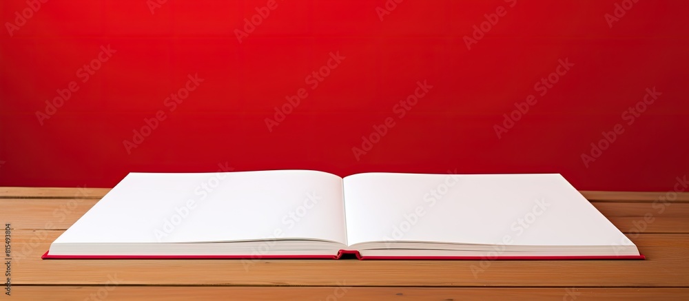 Poster a blank clean white book placed on a vibrant red wooden background providing ample copy space for an