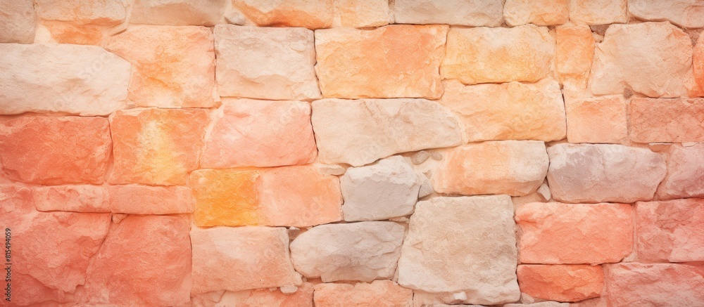 Poster close up of a stunning colorful stone wall with stucco and paint the background has a peachy orange 