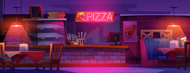 Pizza restaurant interior at night cartoon vector. Pizzeria shop with table for food, neon light signboard and brick wall design. Modern lounge furniture and empty showcase for fastfood illustration