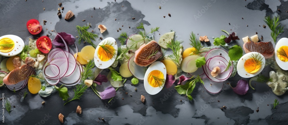 Poster Scandinavian cuisine offers a classic salad made with salted herring fillet fresh apples red onion and eggs all neatly arranged in a top down view for a captivating copy space image It is a kosher di