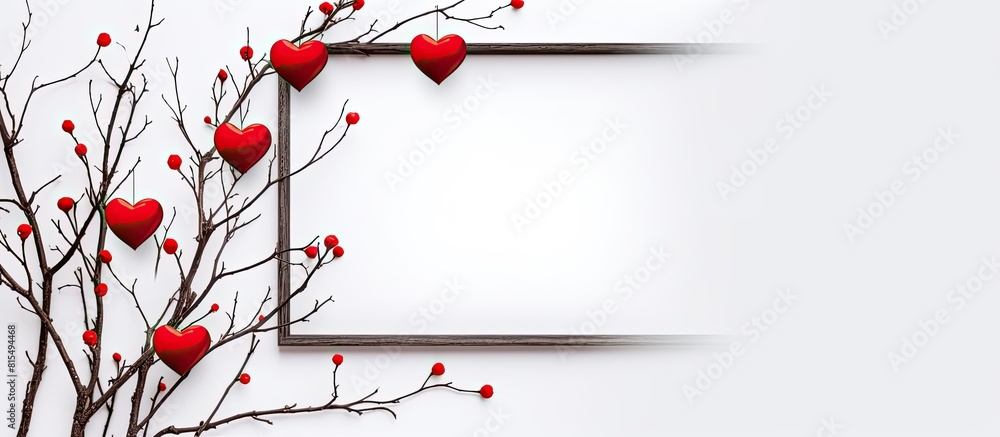 Aufkleber a white background features a blank photo frame adorned with red felt hearts displayed on willow bra