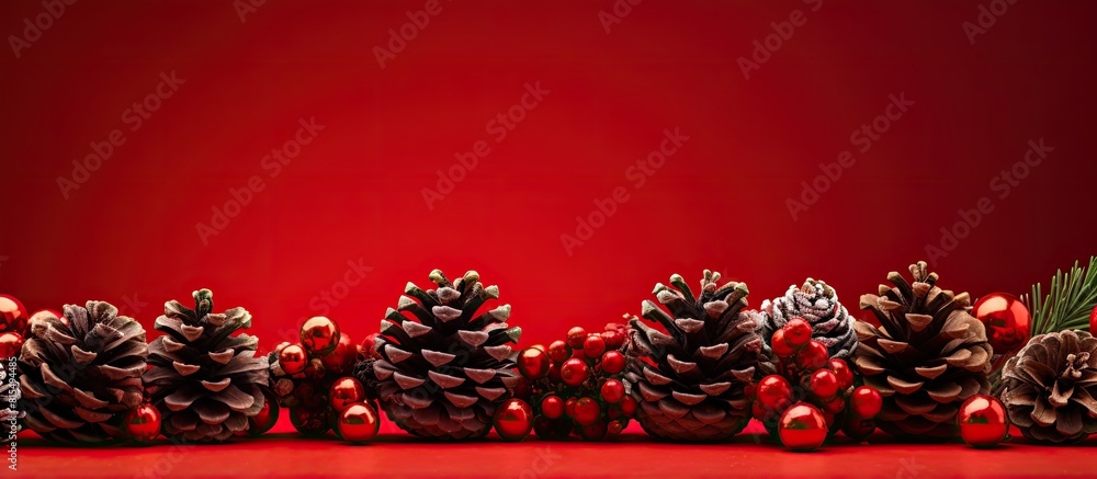 Poster a festive arrangement of pine cones and christmas ornaments displayed on a vibrant red background pe