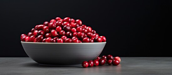 A bowl of fresh cranberries sits on a dark grey table leaving room for text in the image. Creative banner. Copyspace image