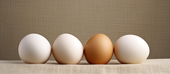 Three white eggs arranged on a piece of sacking in a copy space image
