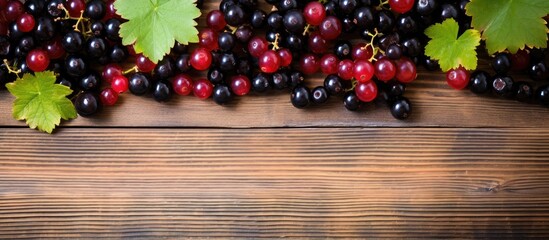 A copy space image showcasing ripe red and black currant arranged on a wooden background