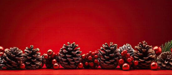 A festive arrangement of pine cones and Christmas ornaments displayed on a vibrant red background perfect for designing greeting cards Ample copy space available