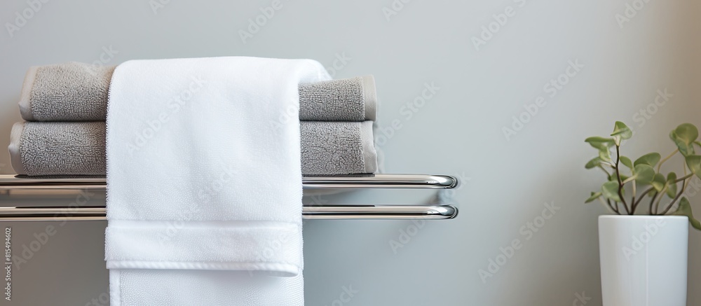 Poster a white towel rests in a metal basket on the bathroom shelf providing a visually appealing copy spac
