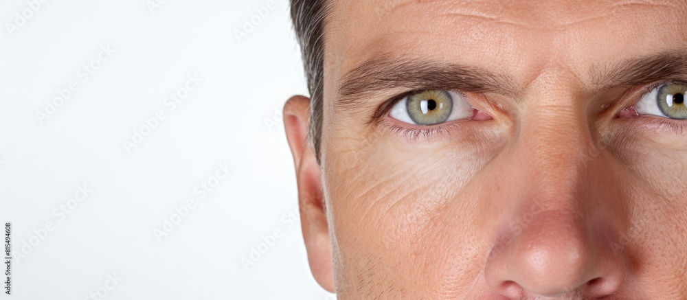 Poster close up of a man s forehead against a white panoramic banner backdrop with plenty of copy space ima